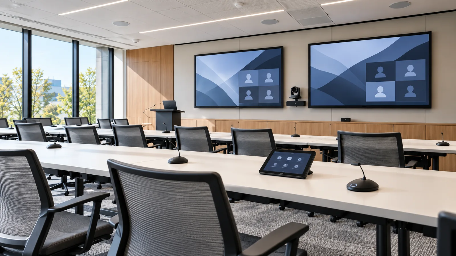 Illustrative conference room with displays, a video camera, microphones and a touch controller